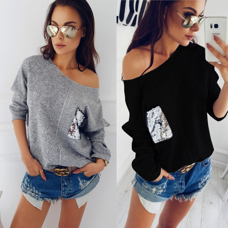 Women Sexy T-shirt O Neck Solid Patchwork Sequins Casual Plus Size S- 2XL Long Sleeve Autumn Europen American Fashion Tops