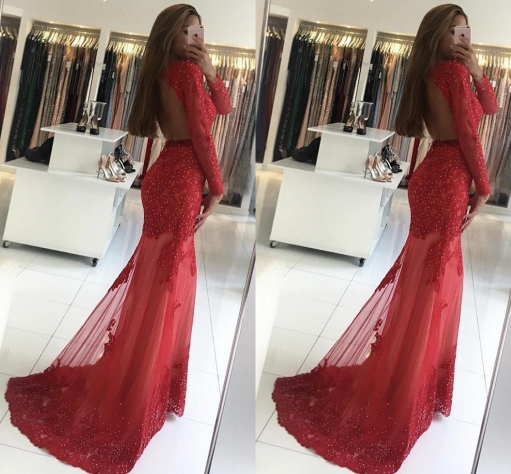 

2018 Dark Red Prom Dresses Illusion Lace Applique Beaded Hollow Back Sheer Long Sleeves Mermaid Tulle Plus Size Sweep Train Evening Dresses, Lilac