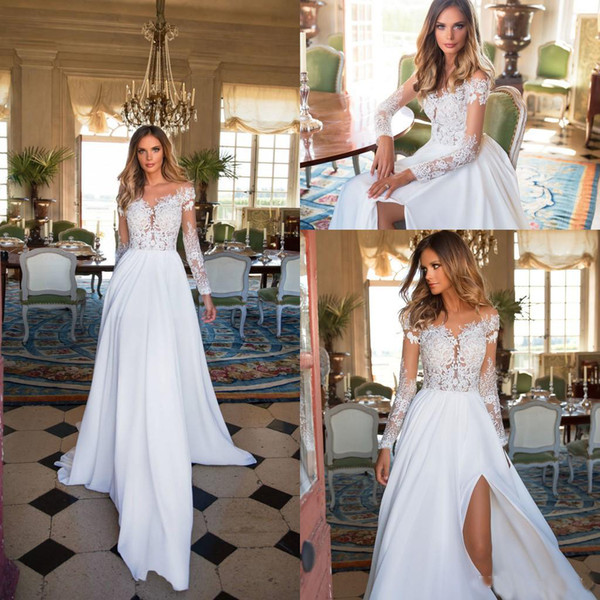 

Fancy 2018 A Line Wedding Dresses With Sleeve Beautiful Illusion Top Floral Chiffon Beach Bridal Gown Summer country Style robe de mariée, Gold