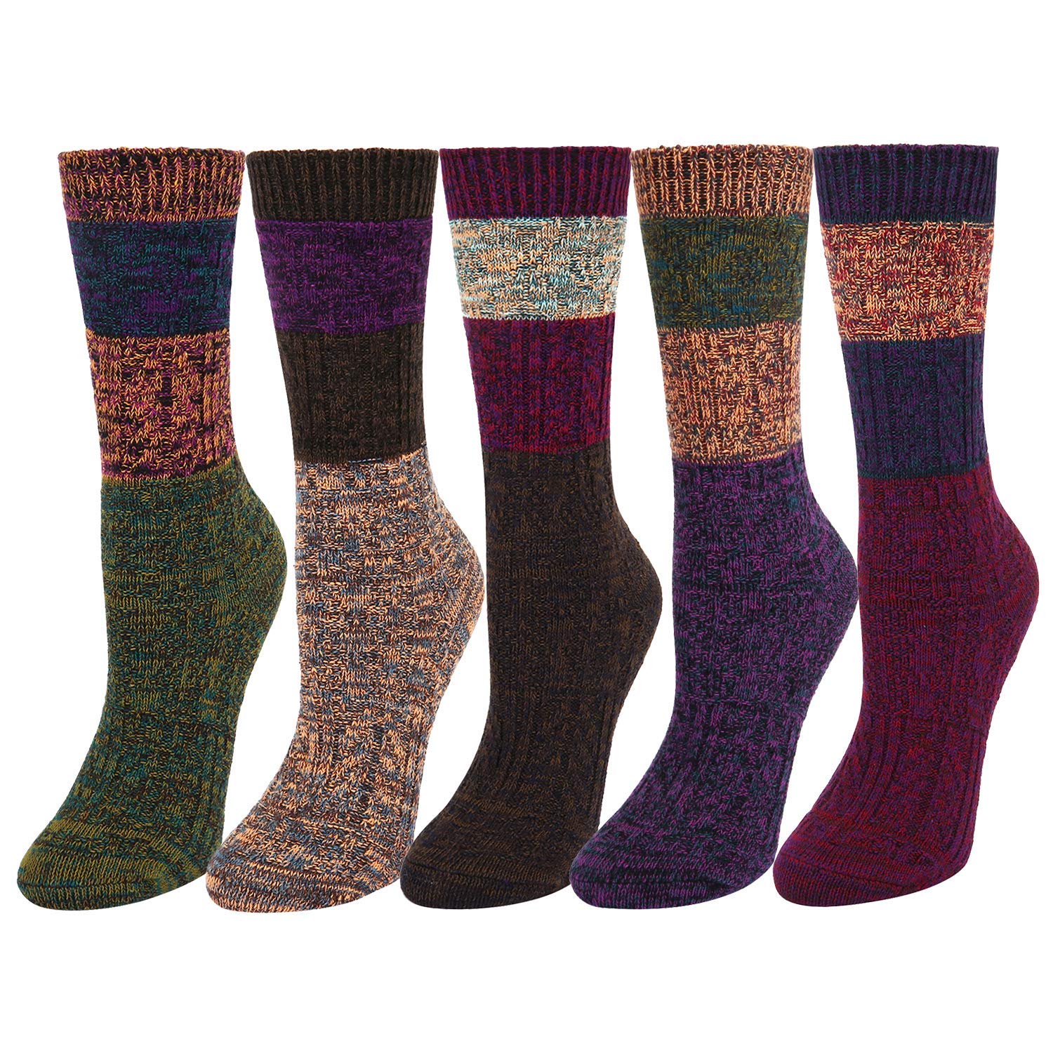 

5 Pack Women's Thick Knit Cotton Vintage Colorful Casual Fall Winter Crew Socks, Multi