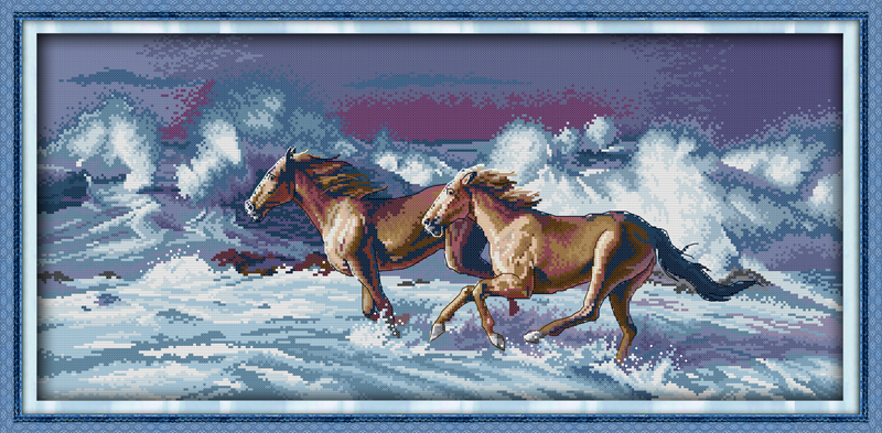 

Two galloping horse in the snow decor paintings ,Handmade Cross Stitch Craft Tools Embroidery Needlework sets counted print on canvas DMC 14CT /11CT