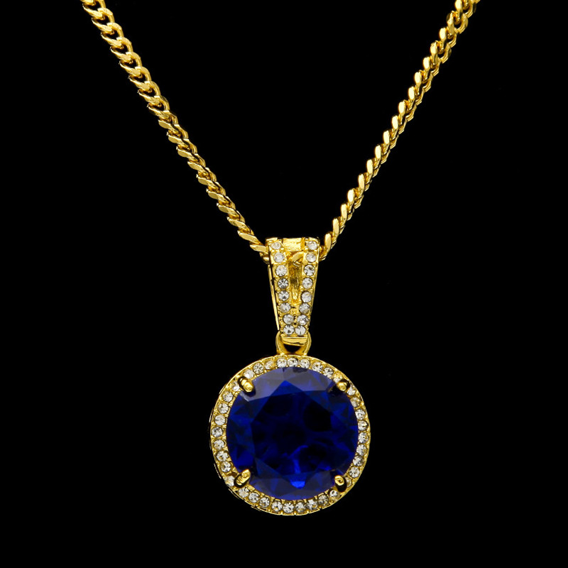 

High Quality Yellow Gold Plated Blue/Red/Black Bling Ruby Pendant Necklace for Men Women Hip Hop Jewelry