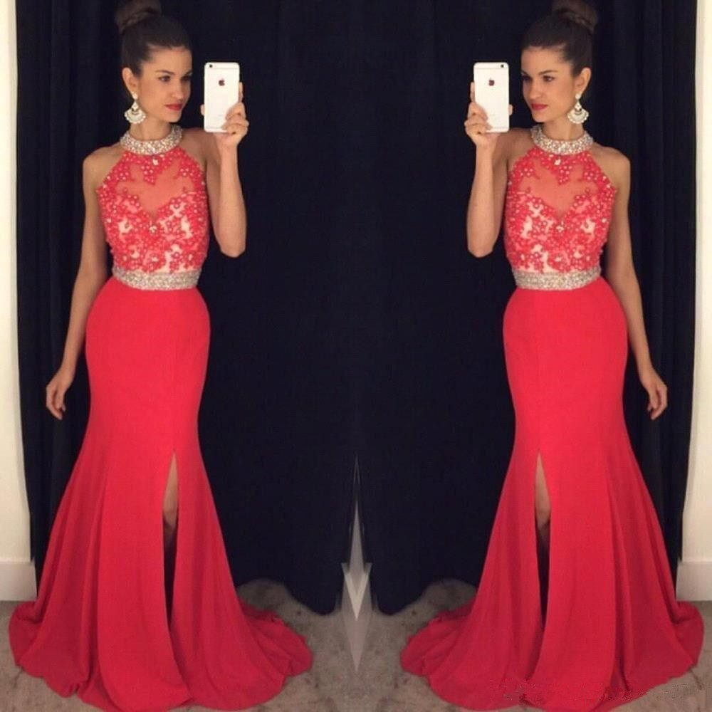

Cheap Long Red Prom Dresses Mermaid 2018 Sky Blue High Neck Appliques Beads Crystal Side Split Open Back Party Dress Formal Evening Gowns, Water melon