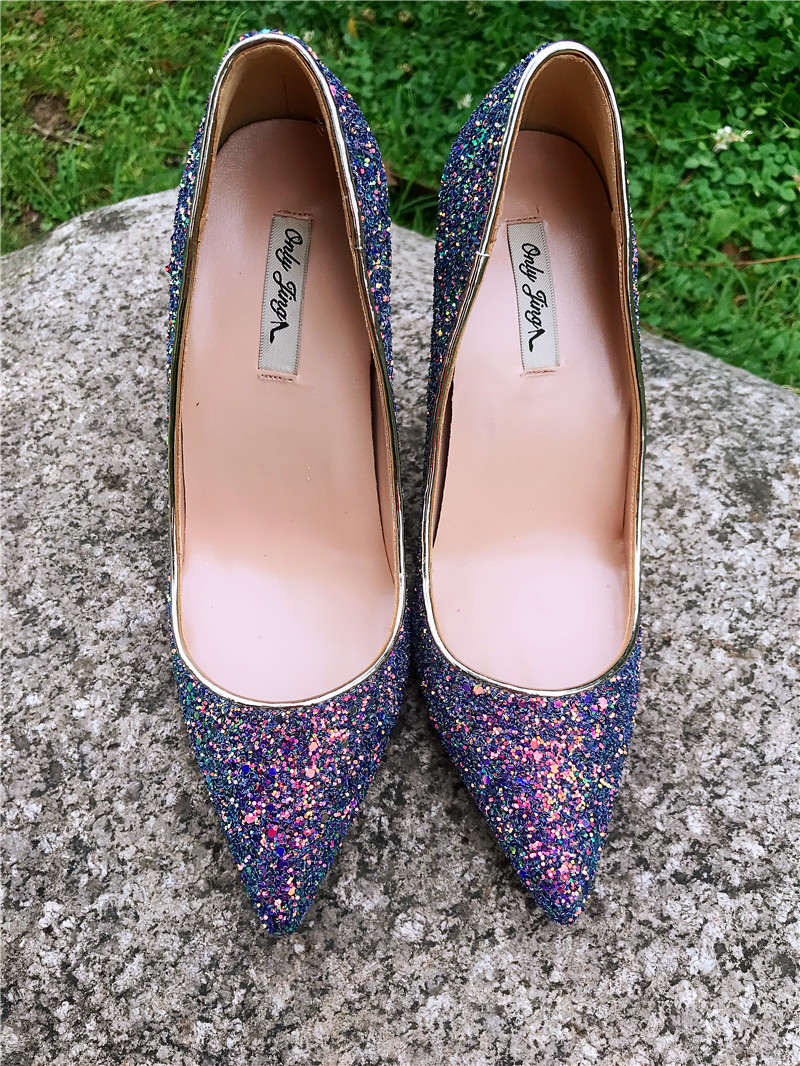 

Free shipping real photo genuine leather lady Blue Glitter Point toe lady high heel shoes pump size 33-43 Ladies Heels Wedding 12cm 10cm 8cm, Blue 10cm