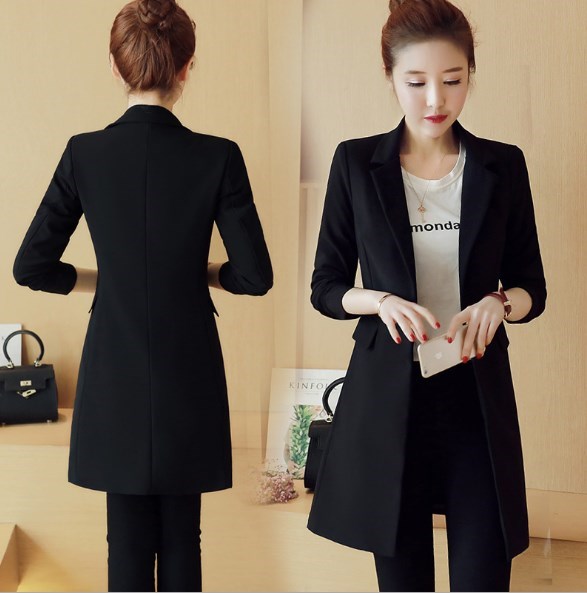 2018 Korean Fashion Spring Autumn Womens Slim Black Blazers Coat Office Long Blazer Jacket For Women Single Breasted Trench