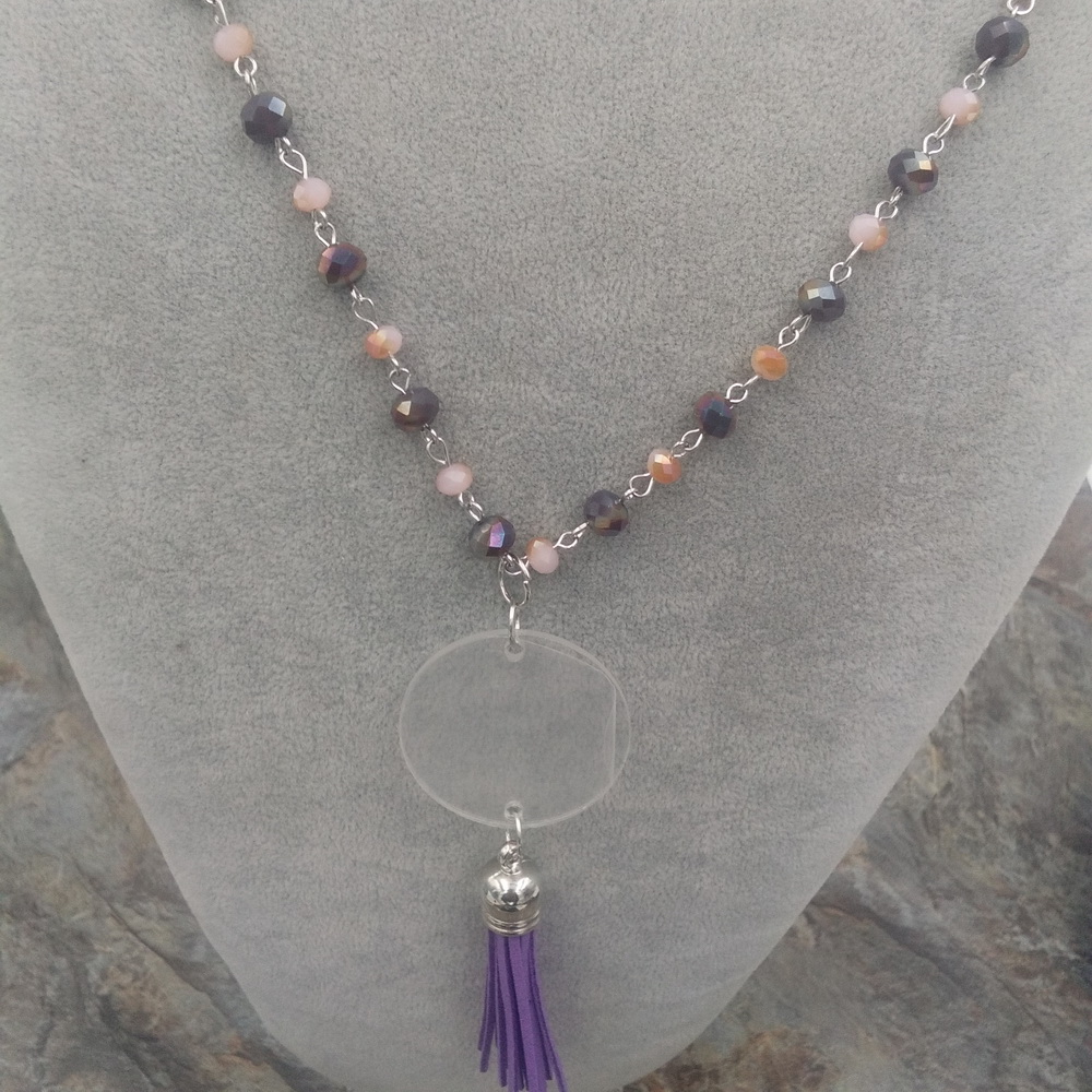 

Western-style transparent acrylic disc necklace handmade faceted glass beads charm suede tassel chain