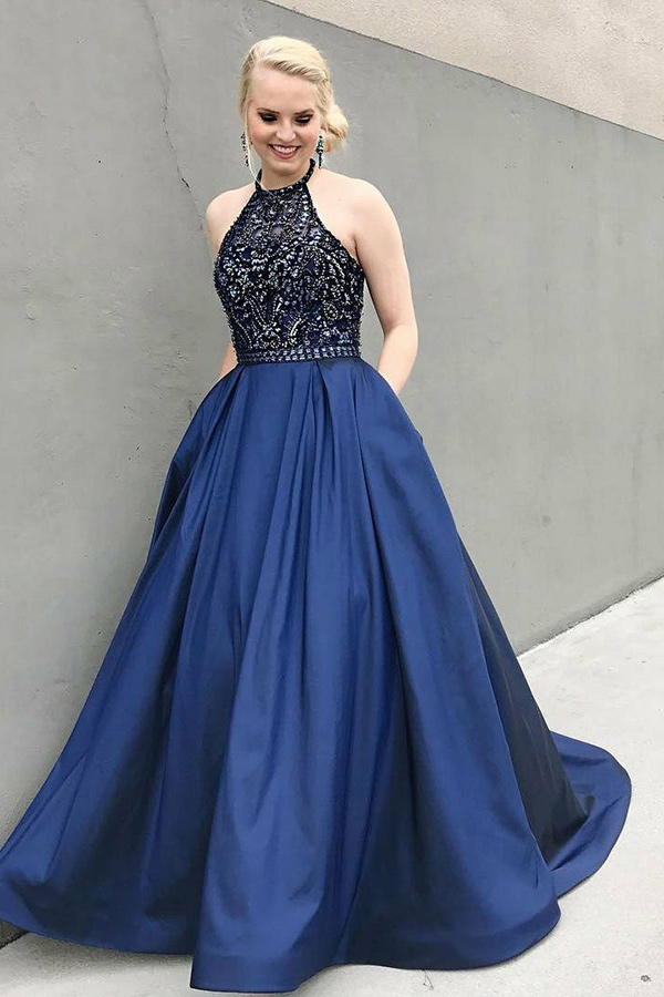 

Halter Bling Bling Navy Blue A Line New Evening Dress with Pockets Crystal Beaded Satin Party Formal Prom Gowns Custom Made Gorgeous, Yellow
