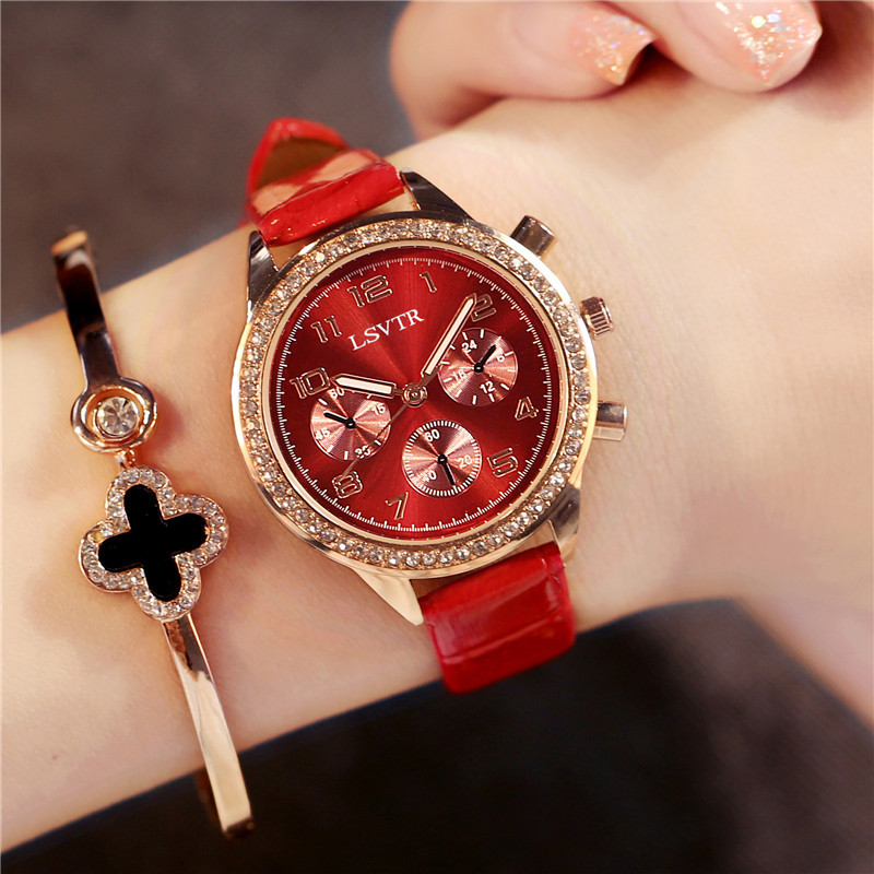 

Hot Brand Diamond Fashion Rhinestone Watch Leather Casual Dress Women's Quartz-watch Crystal Ladies Wristwatch drop ship, Red