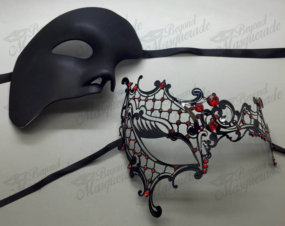 

His & Her Couple Masquerade Mask, Black Themed Mask [Red Rhinestones Face mask Eye glasses eye Female Retro