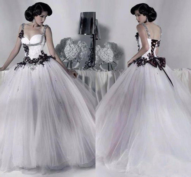 

Vintage White and Black Tulle Wedding Dresses 2018 Beaded Spaghetti Strap Gothic Ball Gown Corset Halloween Bridal Party Gowns Vestidos Long, Same as image