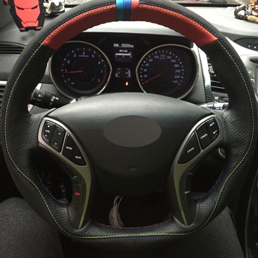 Red Black Genuine Leather Black Suede Car Steering Wheel Cover for Hyundai Elantra 2011-2016 Avante i30 2012-2016-image-430767517