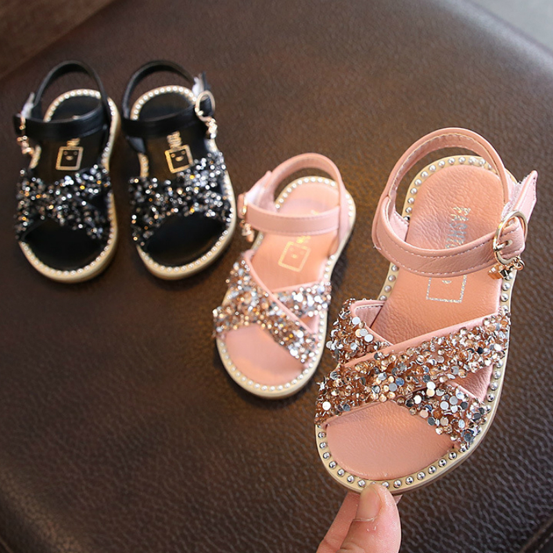 

POSH DREAM New Sequined Baby Girl Princess Sandals 0 - 3 Years Old Soft-soled Summer Sequined Children Toddler Baby Sandals, Black