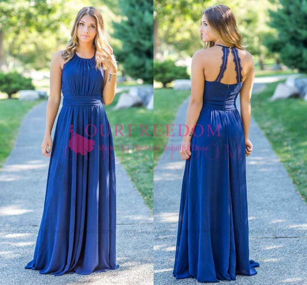 

2019 Blue Chiffon Bridesmaid Dresses Jewel Neck Cross Back A Line Maid Of Honor Wedding Guest Gown Cheap Hot Sale Formal Evening Dresses