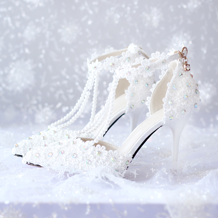 

2018 New Design Wedding Shoes With Imitation Pearl Rhinestones High Heel Custom Made White Lace Woman Party Prom Evening Bridal Shoes