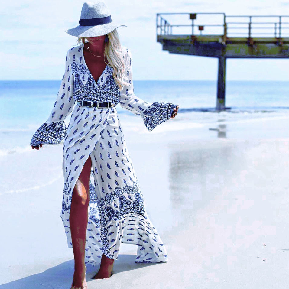 

Women Maxi Dress Without Belt Long Retro Bohemian Floral Print V Neck Long Sleeve Casual  Fits M- 3XL Spring Autumn Fashion Clothes