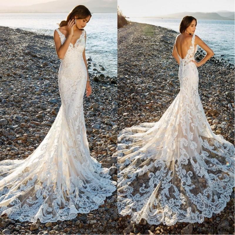 

Elegant Sexy Backless Mermaid Wedding Dresses Deep V Neck Lace Appliques Court Train Custom Made Beach Bridal Gowns, White
