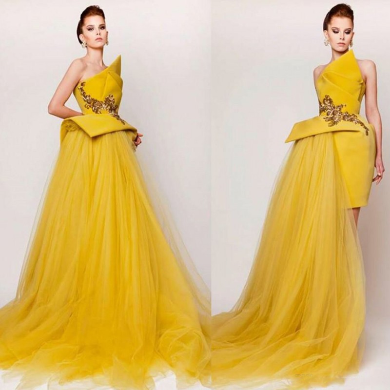 Yellow Strapless Prom Dresses 2019 High Low Special Dress Tulle Satin Beaded Sexy Evening Gowns Zipper Appliqued Party Dress