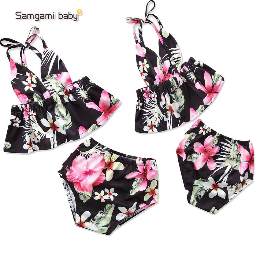 

2018 fashion hot selling girl kids Flower print summer sling bikini summer girl cute shell top + fish scale short swimsuit free ship