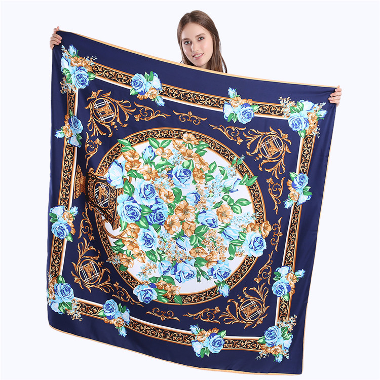 

New Twill Silk Scarf Women Spain Royal Floral Printing Square Scarves Fashion Wrap Female Foulard Large Hijab Shawl Neckerchief 130*130CM