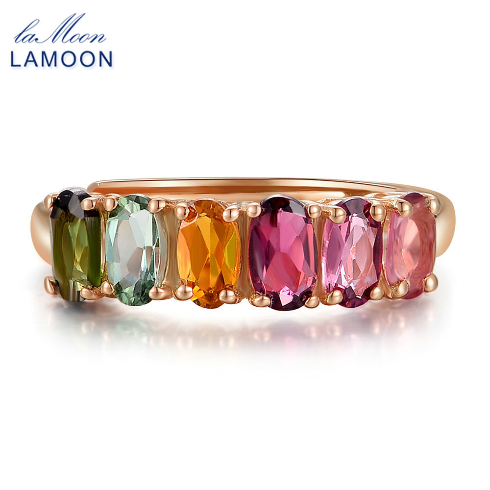 LAMOON 100% Real Natural 6pcs 1.5ct Oval Multi-color Tourmaline Ring 925 Sterling Silver Jewelry with S925 LMRI005 S18101001