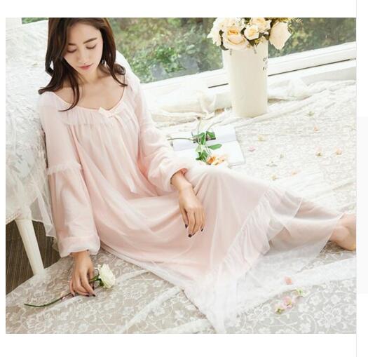 

lace princess sweet Vintage Nightgown Women Princess Sleepwear Spring Summer Lounge Sleepwear pijama gecelik, White