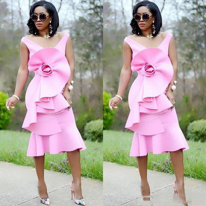 

Unique Ruched Pink Prom Dresses Sexy v Neck Satin Mermaid Evening Gowns Zipper Back Ruffles South African Cocktail Party Dress Cheap, Same as picture