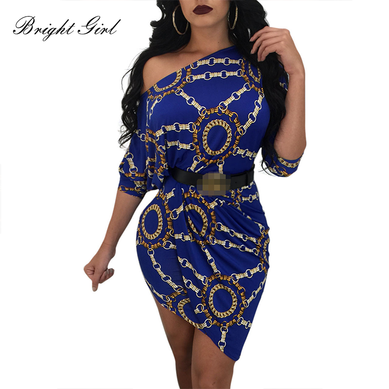 

BRIGHT GIRL Women Sexy Dress Summer Causal Dresses For Ladies Chain Print Slash Neck Dress Mini Party Vestidos Female Clothes, Bg17448