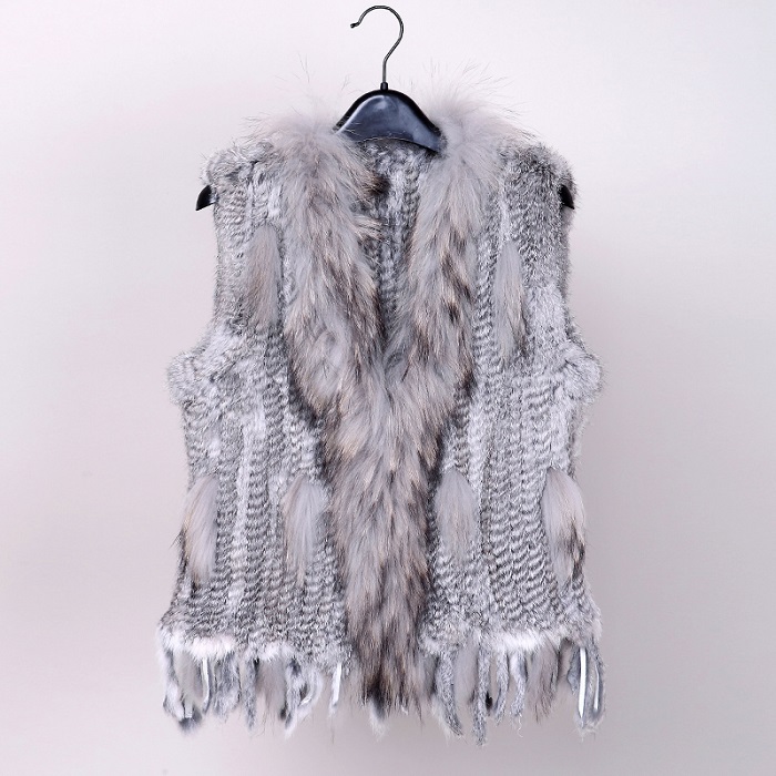 Pudi VR001 womens natural real rabbit fur vest with raccoon fur collar waistcoat/jackets