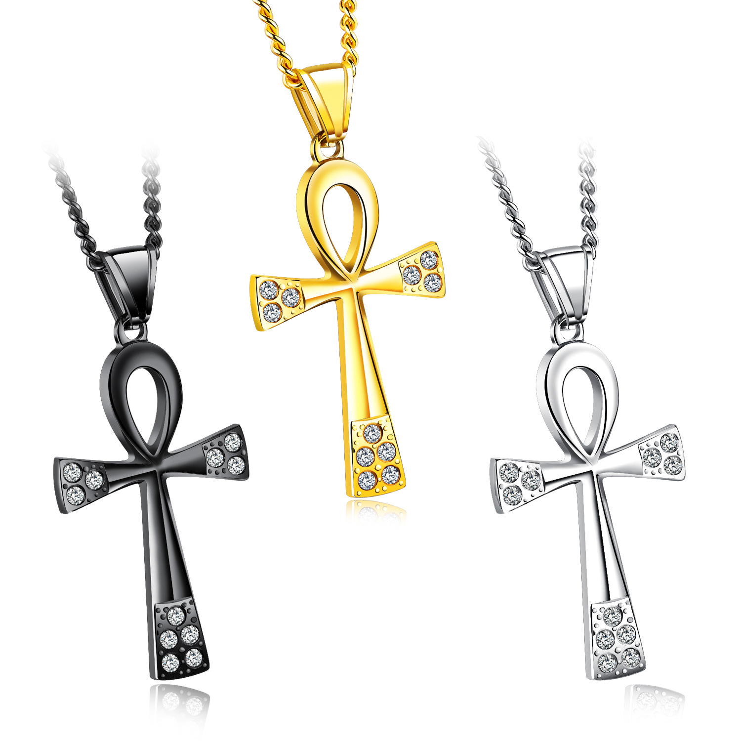 

Stainless steel Egypt Ankh Key of Life necklaces Egyptian Bling Rhinestone Cross Pendant necklace For Men s Hip hop Jewelry