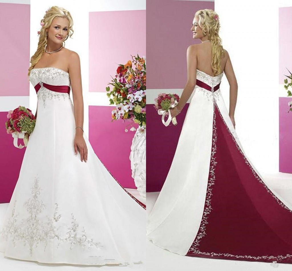 

Burgundy and White Wedding Dresses 2018 Modest Strapless Stain Embroidery Two Tone Sweep Train Country Vintage Bridal Wedding Gown, Same as image