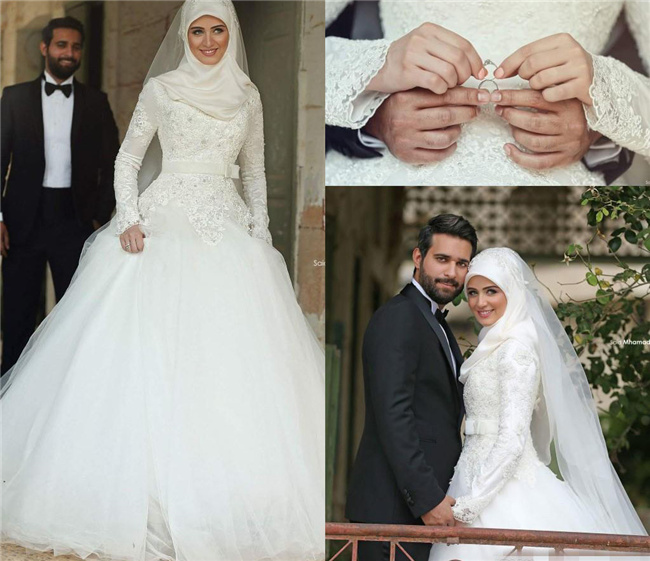 

Arabic Islamic Muslim Wedding Dresses with Long Sleeves Beaded Lace Winter A Line Bridal Gowns High Neck Midwest Pakistani Abaya, Ivory