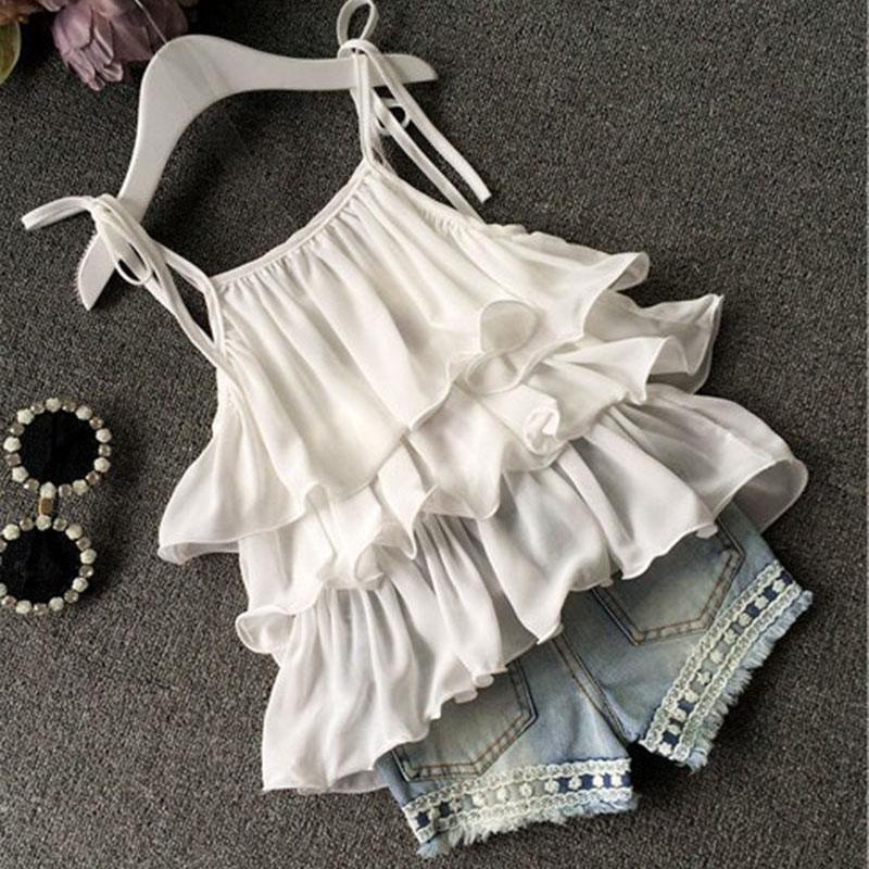 Tops en mousseline de soie Shorts Costumes Filles Ensembles de vêtements deux pièces Feuille de lotus Dentelle Perles Short en jean avec fleur 3-
