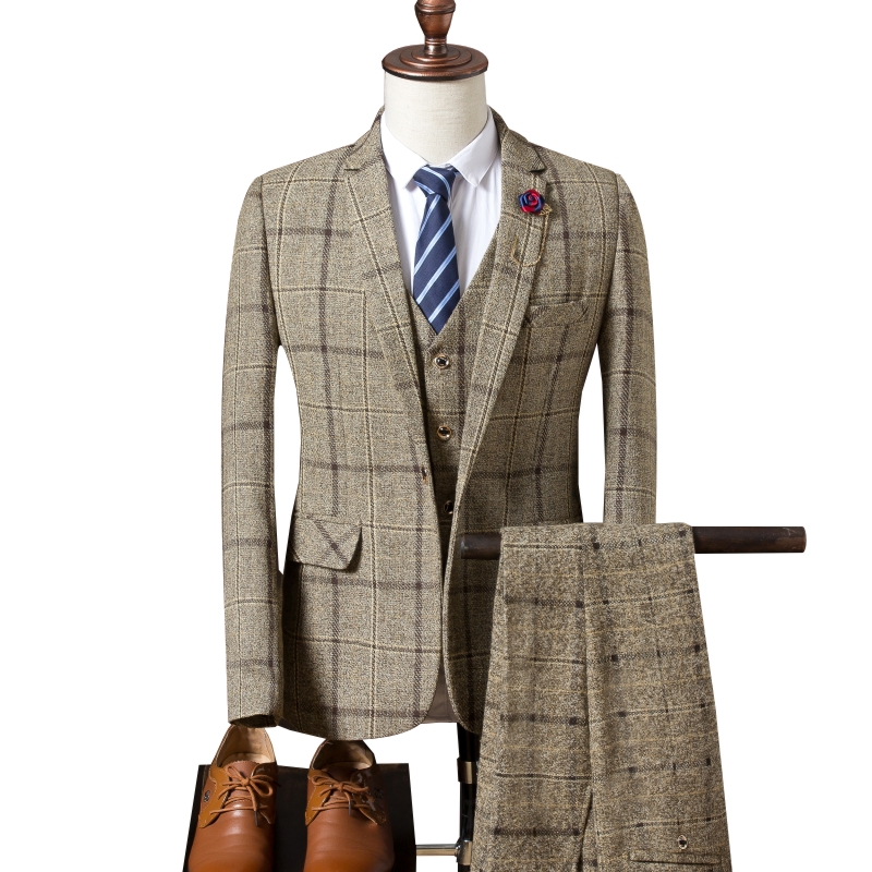 Plaid Men's Long Sleeve Suit Jackets + Pants + Vests Size S-3XL Blue Grey Khaki Fashion Business Wedding Banquet Men Dress Suits