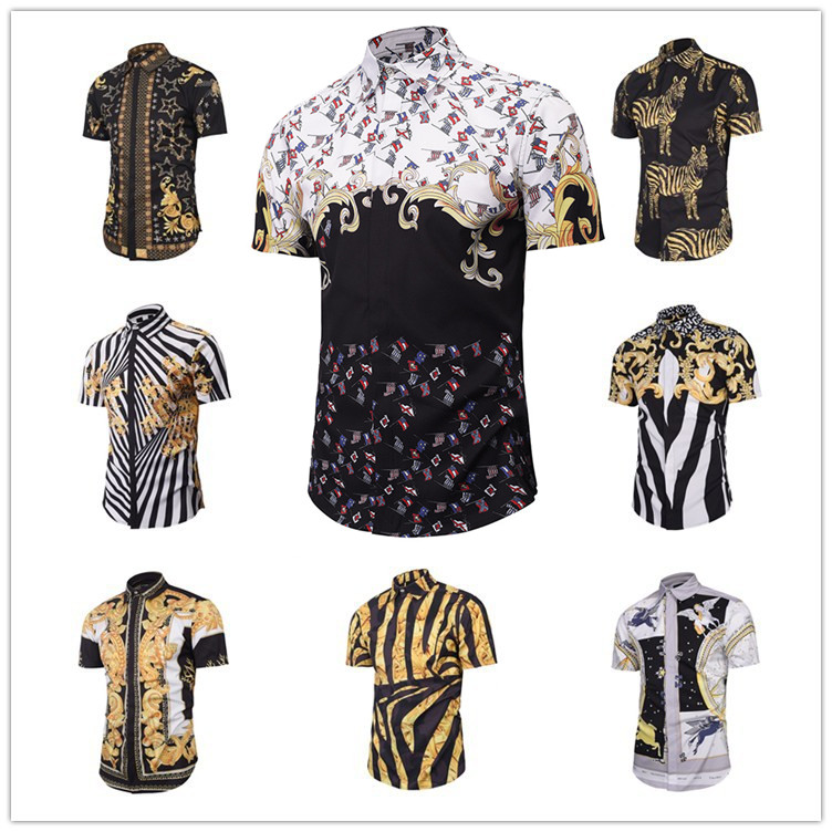 

2017 New Fashion Wave Of Men Floral Print Colour Mixture Harajuku Shirts Short sleeve Men's Medusa Shirts, Beige