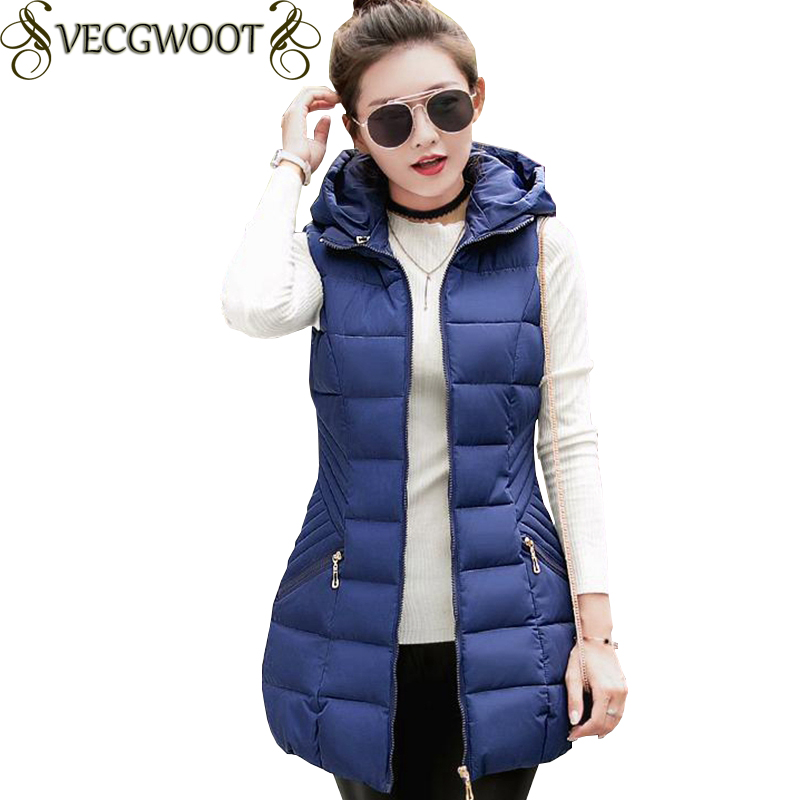 

2017 Autumn And Winter Long Vest Women New Slim Large size Hooded Jacket Women Vest Fashion Solid color Coon clothes X644, 901 black