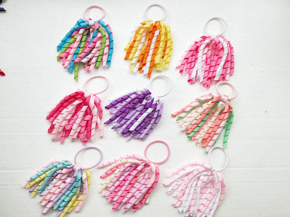 

Girl O A-korker Ponytail curl tassel korker ribbons streamers hair bows with elastic corker Curly ribbon hair clip headwear 20pcs PD002, Random color