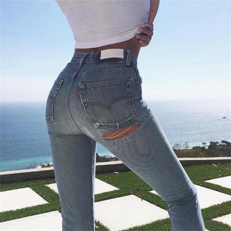 2020 Women Buttom Hip Ripped Distressed Jeans Pencil Pants Denim Blue ...