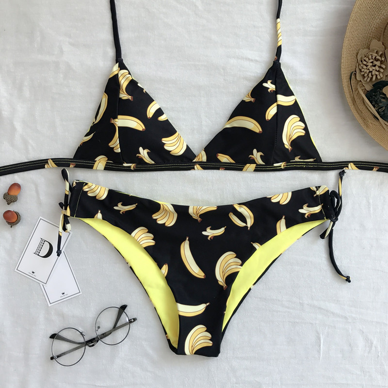 

Printing banana Bikini Set Swimsuit Swimwear Women Bikini Sexy Bandage Beachwear Padded Bathing Suit Push Up Swimming Suit, Beige