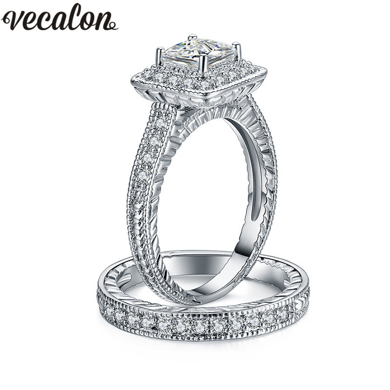 

Vecalon Vintage Female Ring set 1ct 5A Zircon Cz Wedding Rings for Women 10KT White Gold Filled Engagement Band Gift