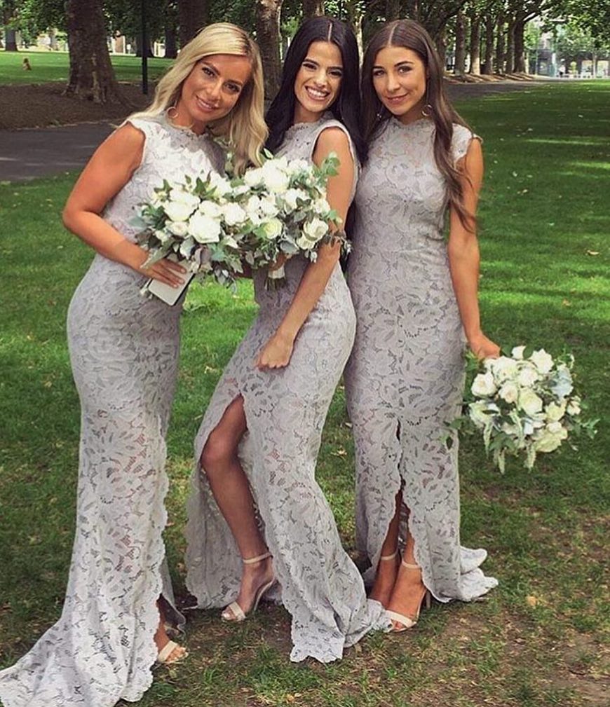 

Sexy Lace Mermaid Bridesmaid Dresses Jewel Neck Sleeveless Front Split Prom Dress Wedding Party Gown Custom Made Long Bridesmaid Dress Cheap