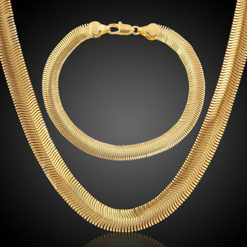 

Flat Golden Necklace Copper Cuba Bracelet Set 18K Gold Plated Party Jewelry Perfect Gift Punk wedding Punk Chains Accessories wholesale, 18k vacuum gold