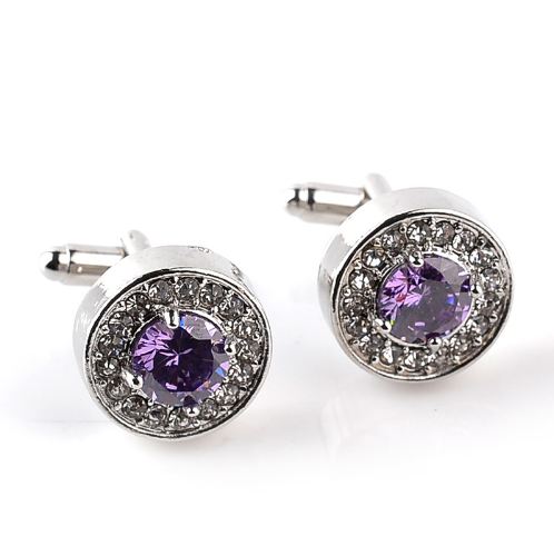 

High-grade jewelry Men's White Purple Enamel Crystal Cufflinks Round Wedding Party Cufflink French shirt Cuff Buttons