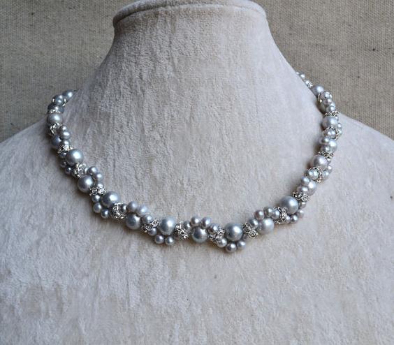 

100% Natural Pearl Jewellery,Gray Color 4-8mm 16'' Rhinestone Real Freshwater Pearl Necklace,Bridesmaid Gift For Women
