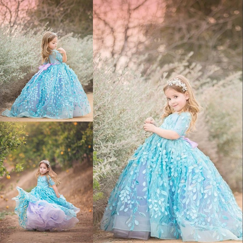 

Aqua Blue And Lavender Birthday Dresses 2018 Fairy Appliques Couture Flower Girl Dress Lovely 1/2 Long Sleeve Ball Gown Toddler Pageant Dres, Lanvender