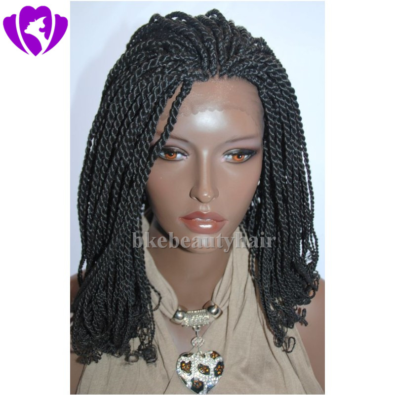 

Hot selling short kinky twist braided lace front wigs full hand tied synthetic hair wigs with curly tips for african americans, Black