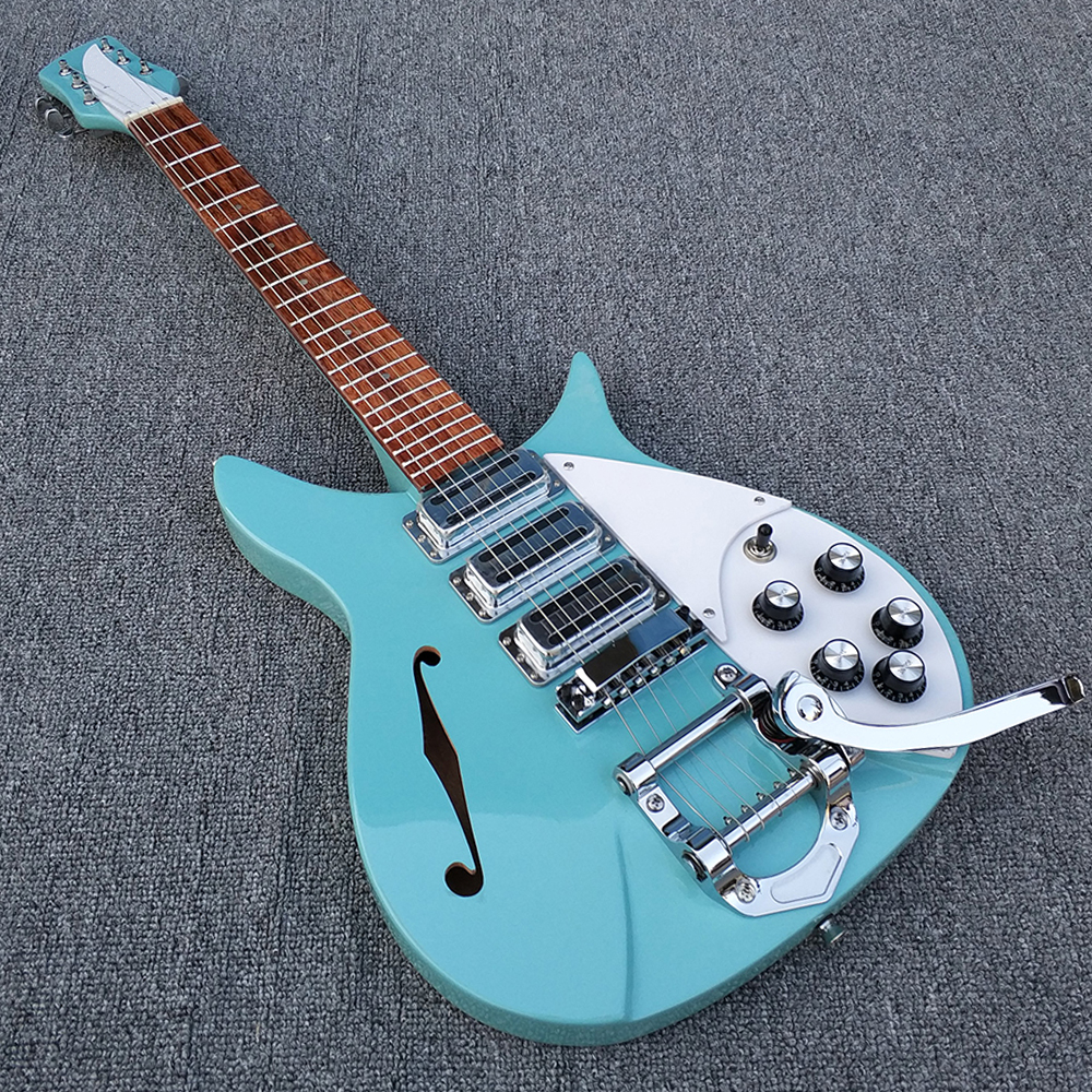 

Custom John Lennon 325 RIC Short Scale 527 MM Semi Hollow Light Green Electric Guitar 3 Pickups, Single F Hole, Lacquer Painted Fingerboard