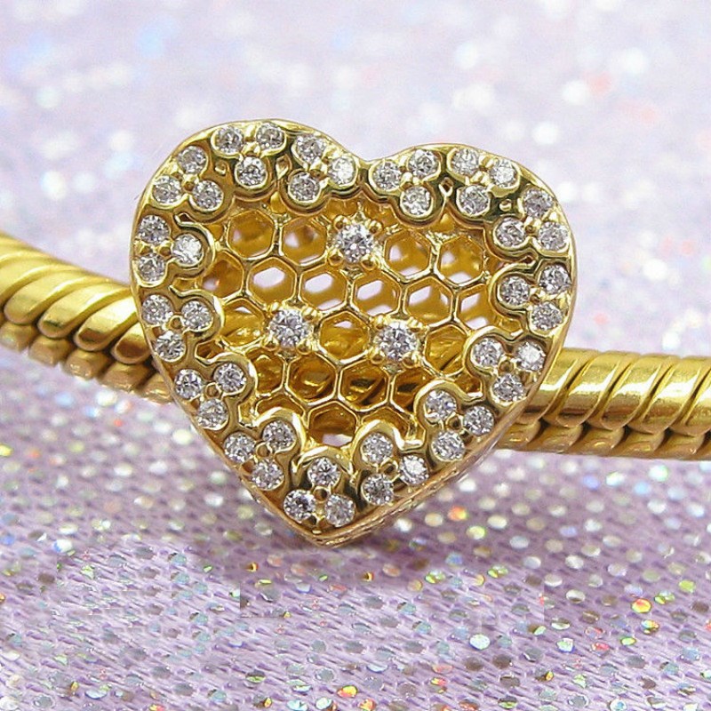 2018 Spring 925 Sterling Silver Jewelry Gold-Plated Honeycomb Lace Charms Original Beads Fits women Jewelry Making Pandora Bracelets-image-414322870