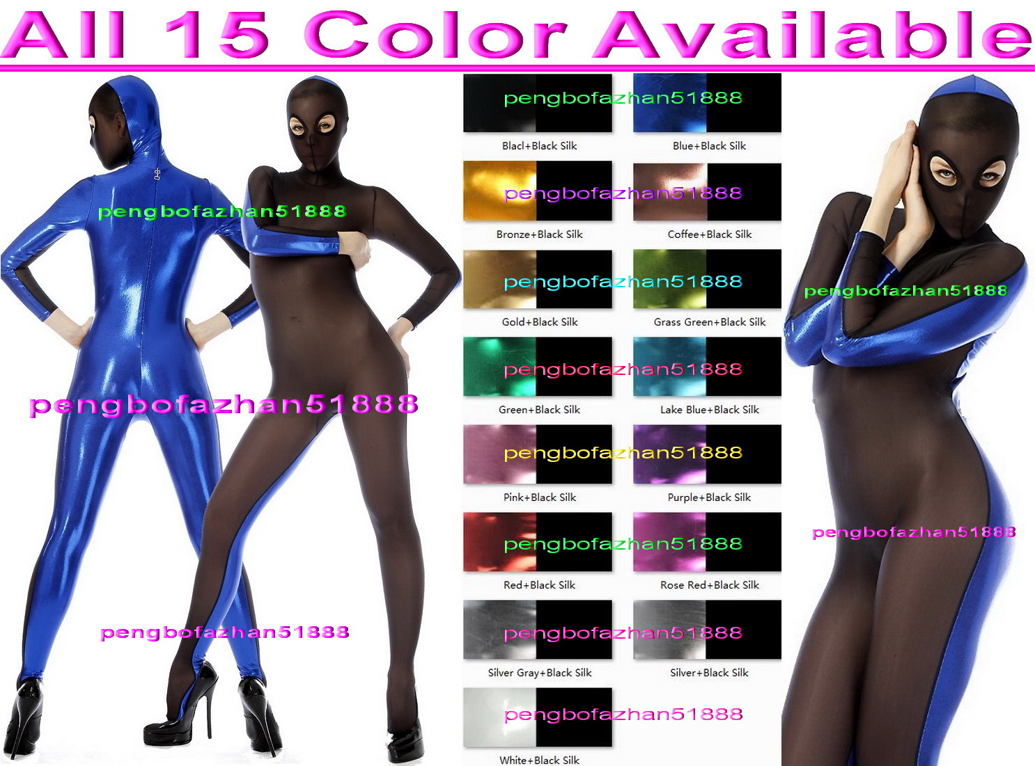 

Sexy Women Tights Body Suit Costumes Unisex 15 Color Shiny Metallic and Spandex Silk Catsuit Costume With Open Eyes Halloween Party Fancy Dress Cosplay Bodysuit P236, Pink+black silk