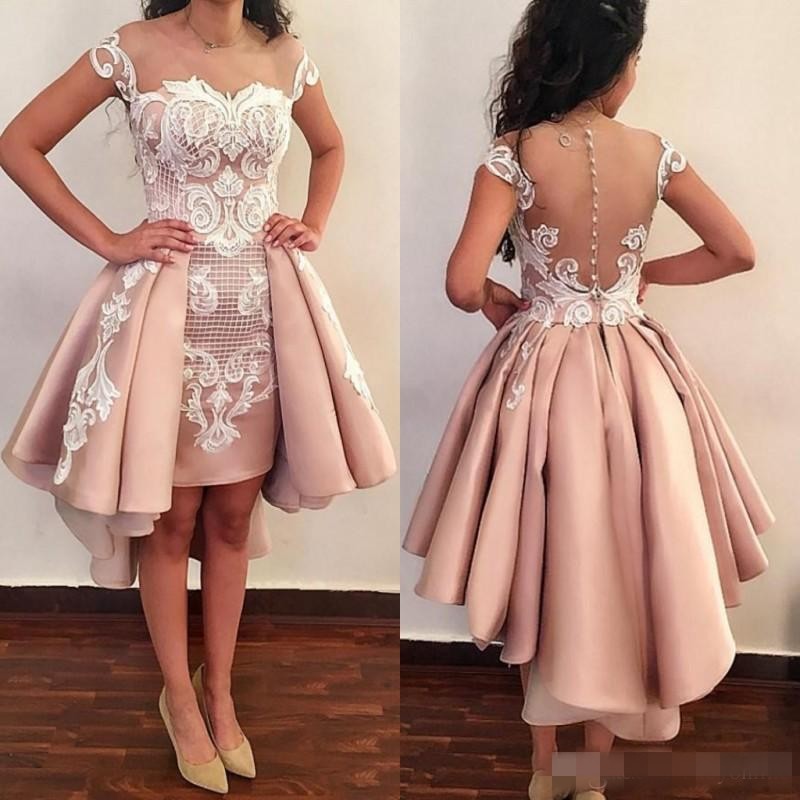 

New Pink Sheer Backless Sheath Cocktail Dresses 2019 Appliques Cap Sleeves Mini Short Prom Evening Gowns Custom Made with Detachable Train, Chocolate