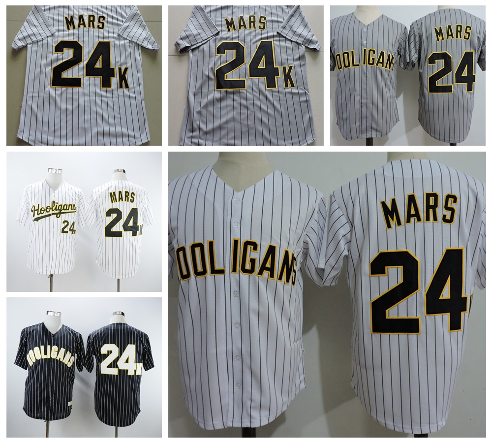 

Bruno Mars 24K Hooligans White #20 Pinstriped BET Awards Baseball Jersey Mens Bruno Mars 24K Hooligans Stitched Shirts